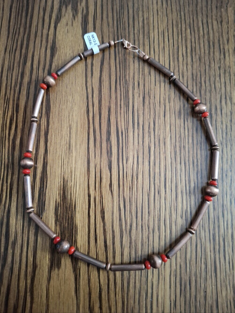 Necklace Copper Tubes And Pearl Beads With Red Coral Beads 20" Long